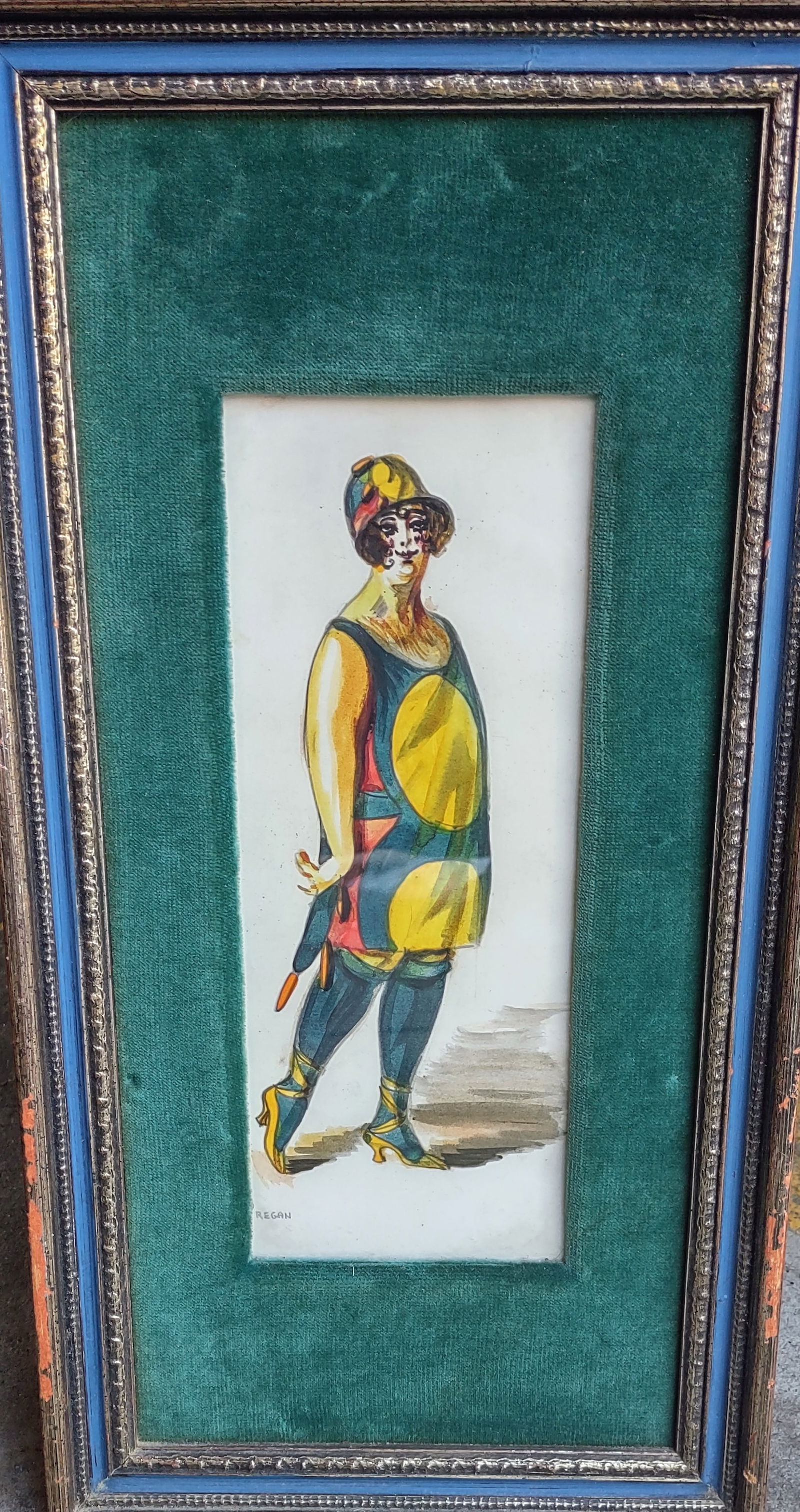 Watercolor painting by "Regan" 3 of 5: Elegant watercolor depiction of a dancing lady, beautifully presented in a frame with a rich velvet mat. Signed by the artist “Regan.” Provenance: Manhattan, New York.Frame Size: 8.25" H x
