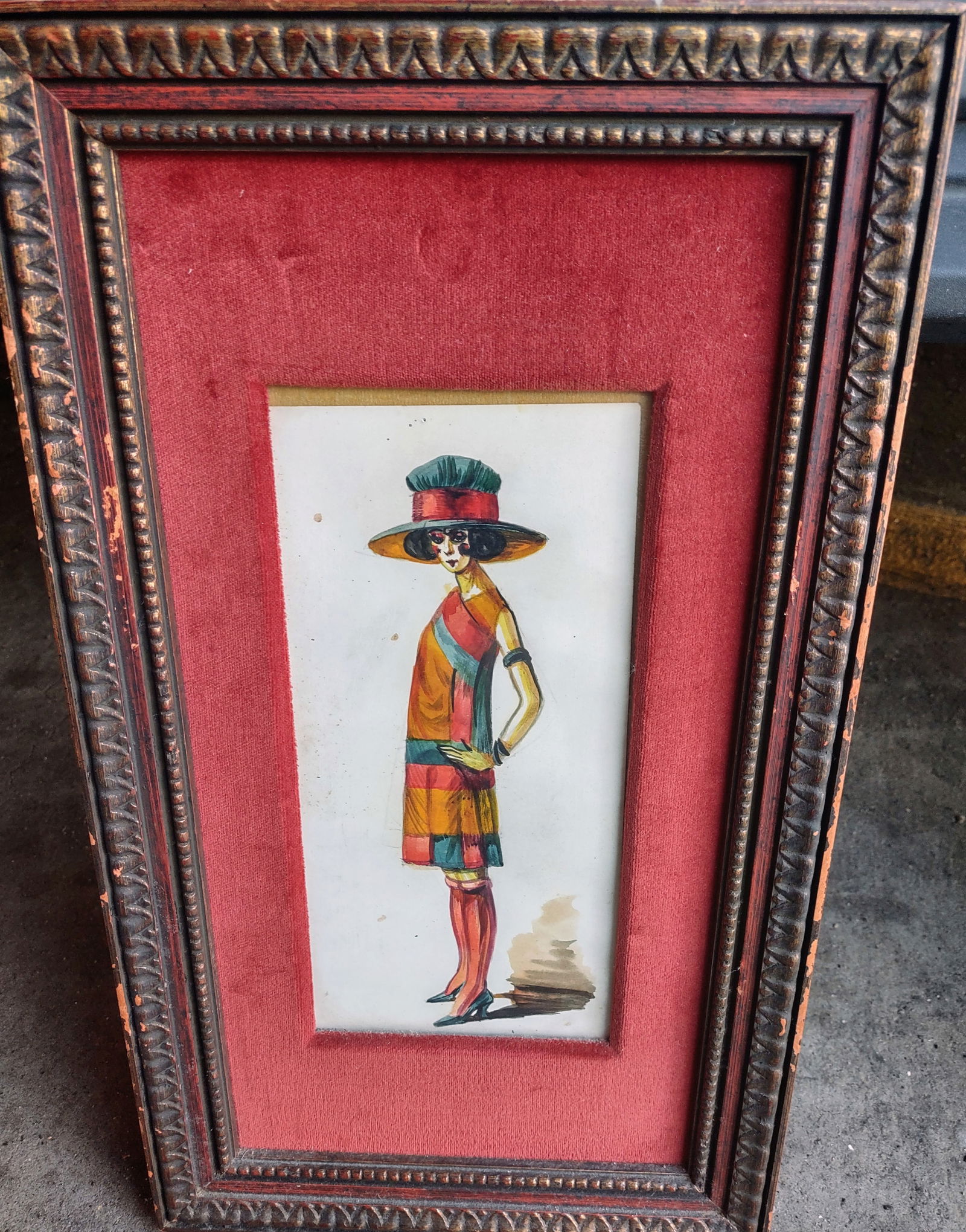 Watercolor painting by "Regan" 4 of 5: A stylish watercolor depiction of a fashionable lady wearing a wide-brimmed hat and a colorful dress in vibrant shades of red, orange, and green. The elegant figure is rendered in a slender, stylized