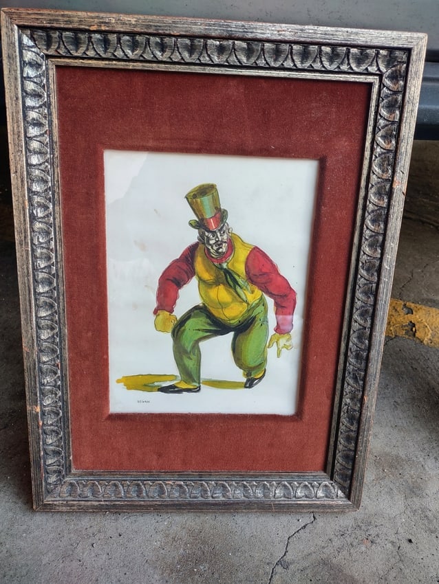 Watercolor painting by "Regan" 5 of 5: A lively watercolor depicting a whimsical dancing figure dressed in a top hat, red shirt, yellow vest, and green trousers, captured mid-movement in a playful, animated pose. The figure is rendered in