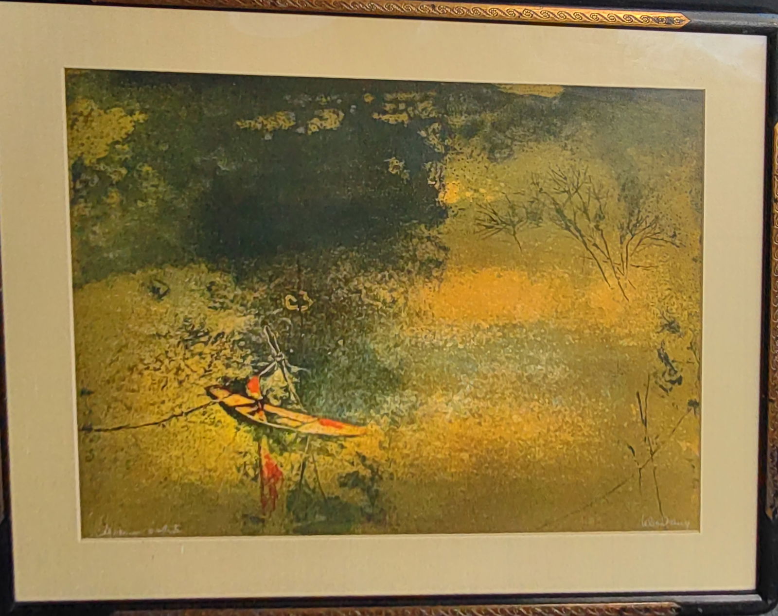 Colored Lithograph by " Lebadang" Vietnam: A colored lithograph by Lebadang, depicting a serene scene of a fisherman in his boat on a tranquil lake. The work reflects the artist’s distinctive style, often blending Eastern themes with