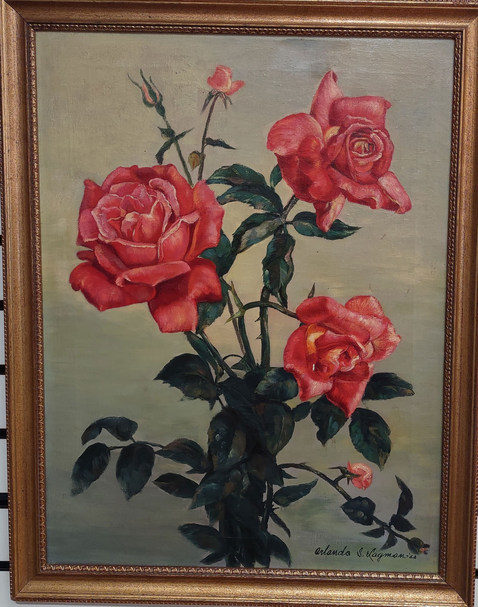 Oil Panting on Canvas by" Orlando Lagman" American 1936-2020: Bouque of Pink Roses by "Orlando Lagman" American Philippines painter 1936-2020