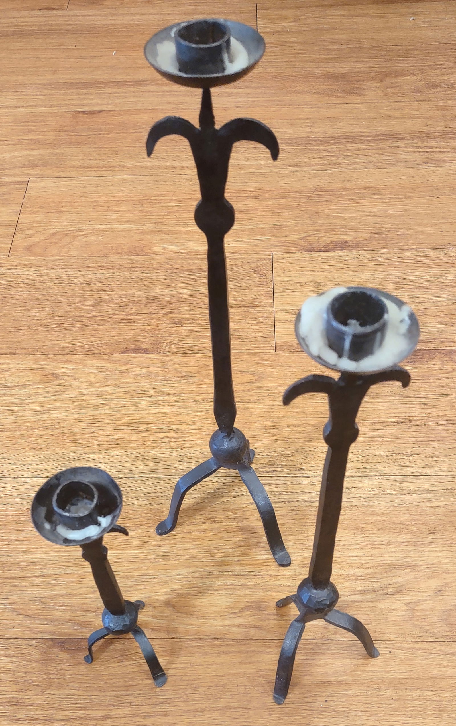 3 Antique Candle Holders: 3 Antique Hand Forged Iron Candle Holders. Nice Patina, Very organic! Tallest 15.5" and the shortest 8.5"