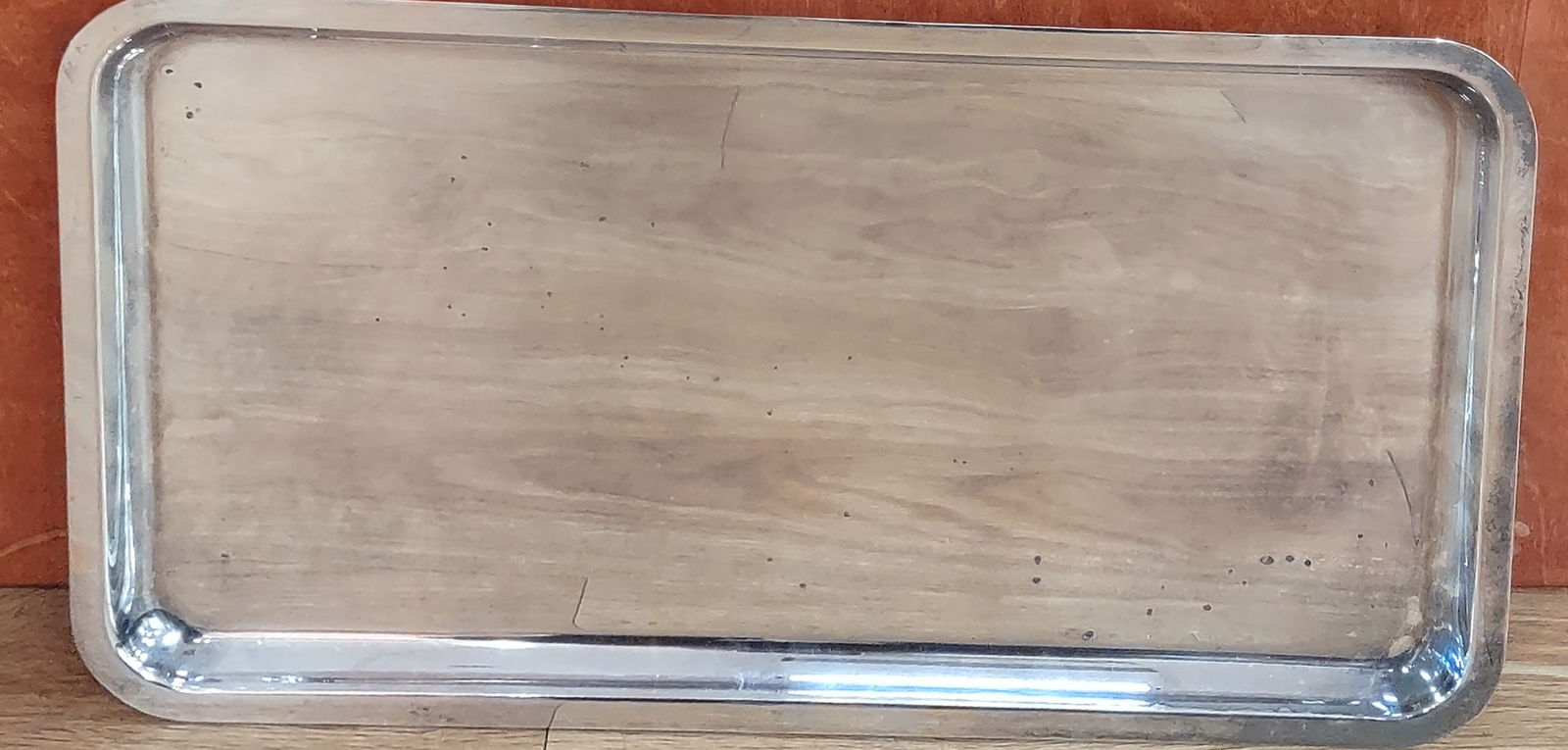 Vintage Silver Plate Serving Tray: This Fabulous Mid Century Vintage Silver Plate Tray Designed By "Walker & Hall" With Raised Edge And Rounded Corners. Stamped 53551 Walker & Hall Sheffield, Made in England. It measures 9.5" x 17.5"