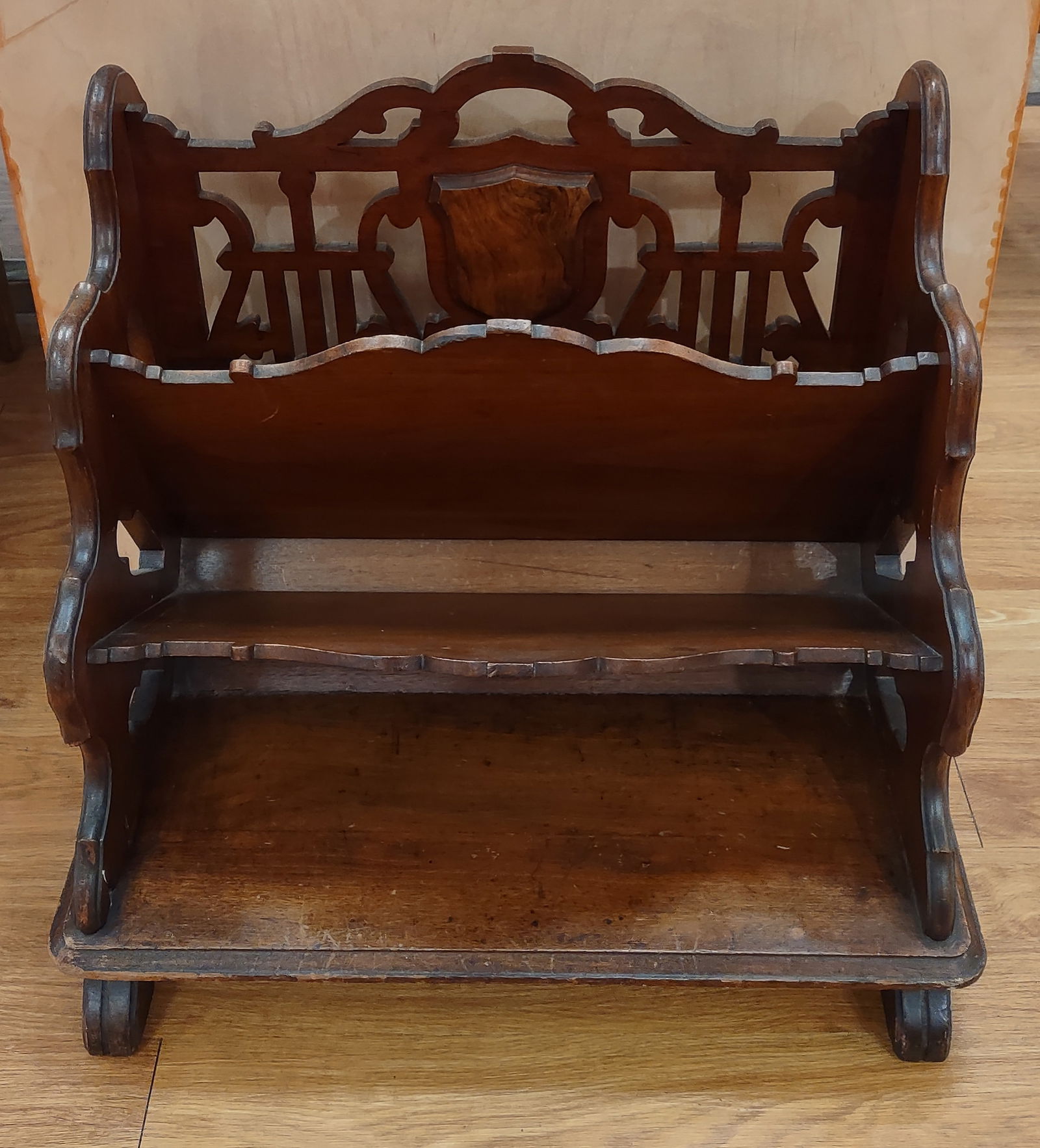 Antique Carved Wooden Canterbury Magazine Rack.: Very Impressive and richly detailed wooden Canterbury featuring ornate pierced fretwork, scrolled sides, and a shaped crest rail with tiered design and a lower shelf offers both display and storage. R