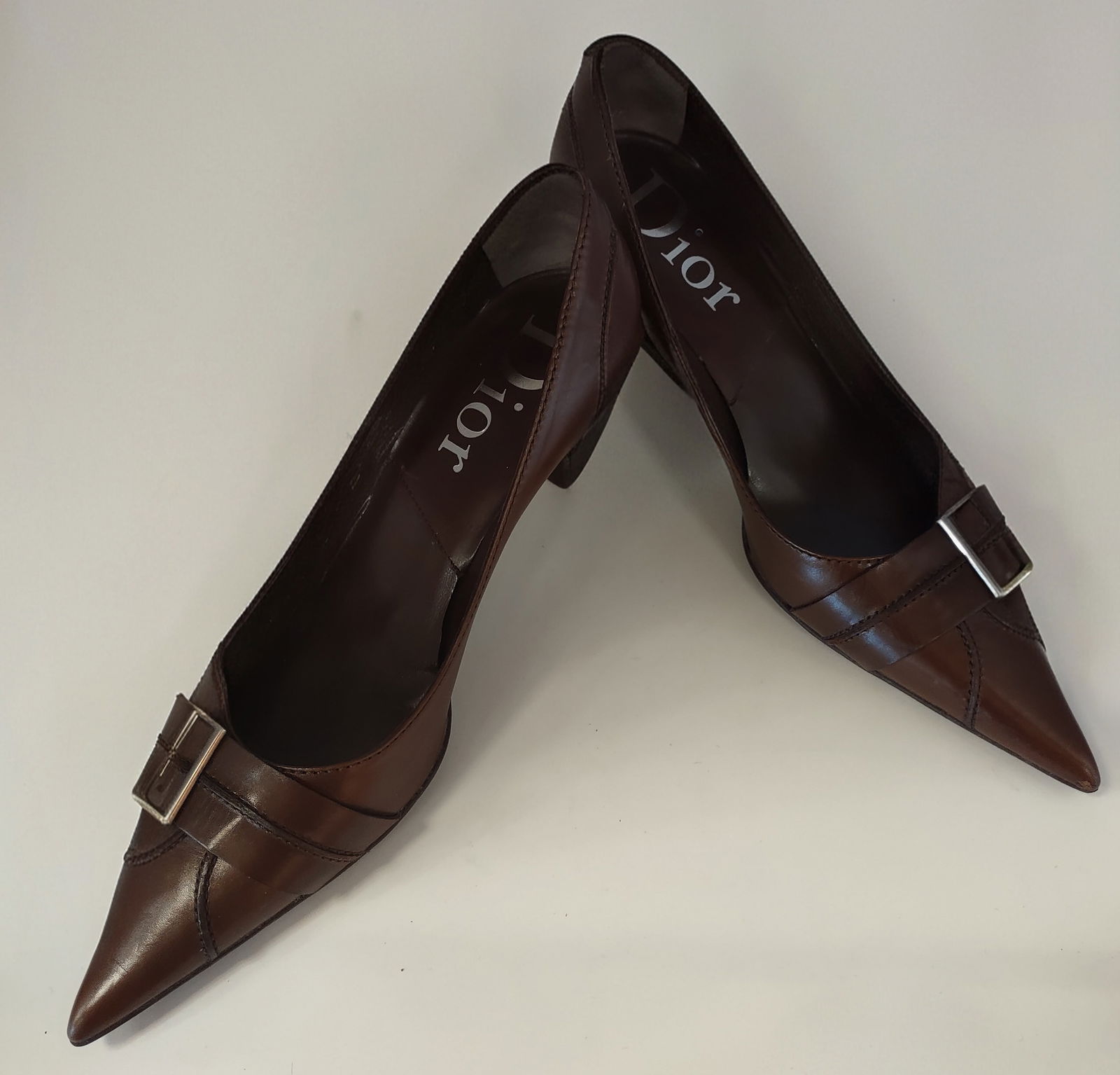 Dior Brown Leather Shoes Size 37 1/2: Dior Brown Leather Buckle Pointed Toe Pumps. Comes with Original Bag. Size 37 1/2