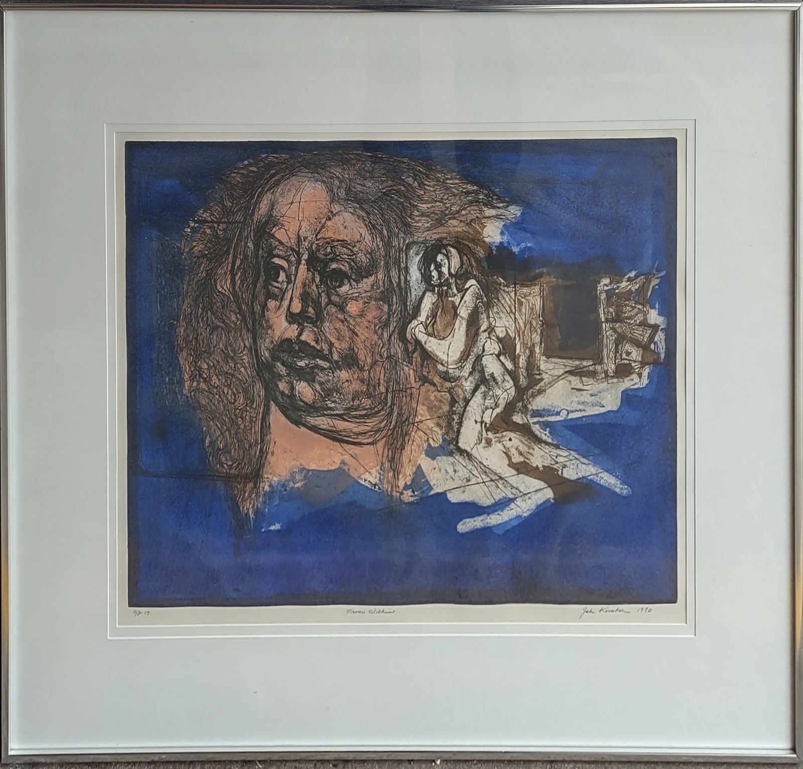 Special Studio Print By "Jak Kovatch" American 1929 - 2019: Marked lower left S/P (Studio Print) 17 titled "From Within" done by Famous Artist Jak Kovatch 1929-2019 A modern print depicting a stylized female figure and portrait rendered in expressive line and