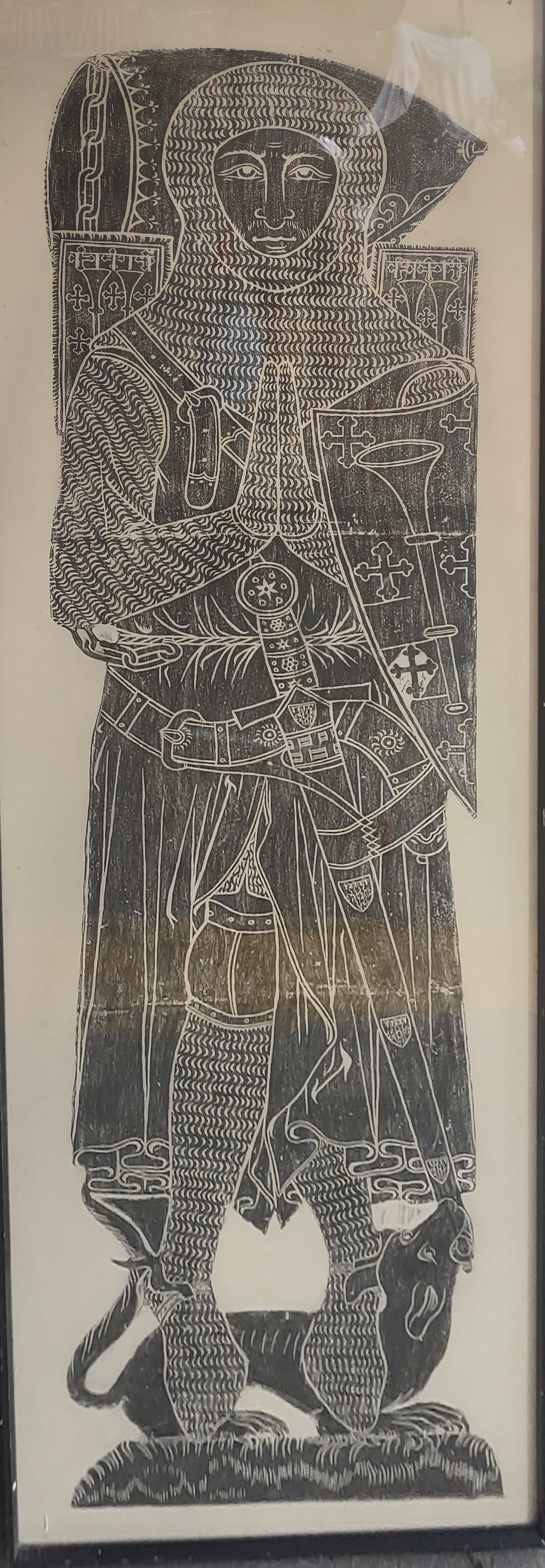St. Mary's Church Brass Rubbing of Sir Roger: Cambridge - Parish Church of St. Mary's and St. Michael Rubbing of Sir Roger De Trumpington Died 1289. No longer permissible, this rubbing was completed in 1967.2nd Oldest Brass in England. Framed 24"