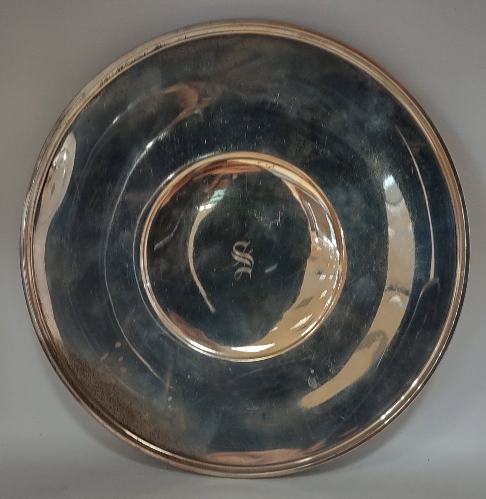 Gorham Sterling Silver 10" Round Plate: Gorham Sterling Silver round serving plate measuring approximately 10 inches in diameter. Monogrammed and stamped “Gorham Sterling A42635” on the underside. Total weight approximately 14.22