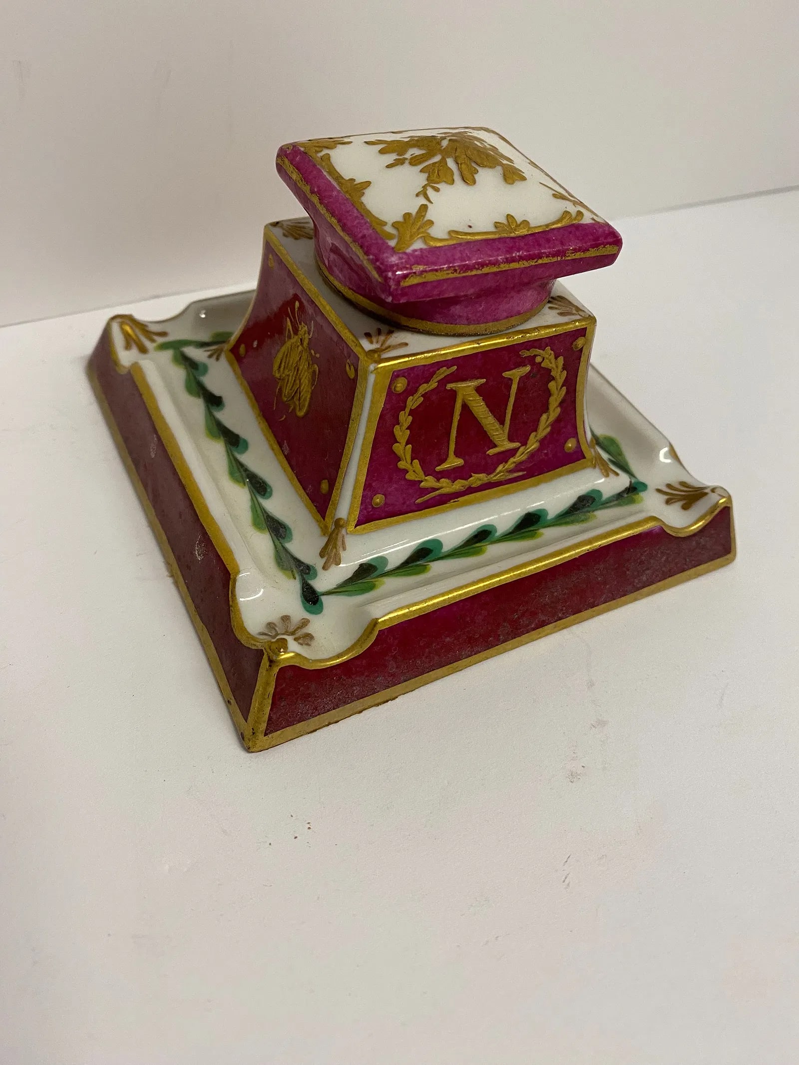 "Sevres" Antique Inkwell: Antique Sevres Napoleonic decorated inkwell M. Imp le de Sevres in Red underglaze mark 4" x 4" x 2.5"H.Provenance: Ridgefield,CT