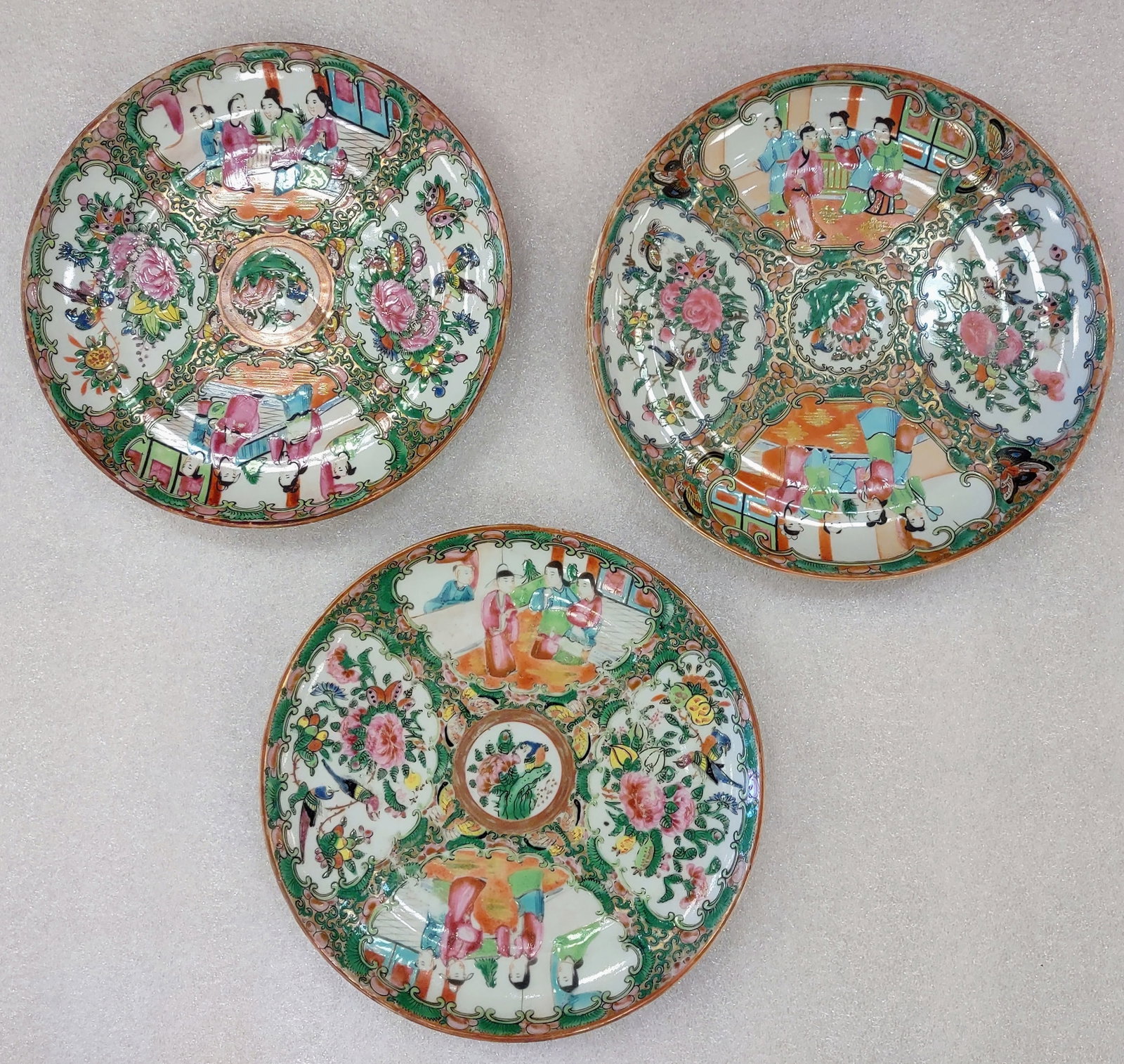 Rose Medallion Plates: Three 19th or early 20th Rose Medallion plates Good condition Diameters for the three are 8” and 8.25” and 8.5” All 1”H