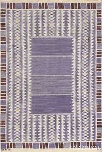 VINTAGE SWEDISH KILIM , " SALERNO BLA " SIGNED: Beautiful Geometric Vintage Scandinavian Swedish Kilim by Barbro Nilsson for Marta Maas , Circa 1950's.This Nazmiyal auction includes antique rugs, vintage rugs, oriental rugs, and tapestry collection