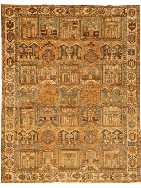 Antique Bakhtiari Persian Rug / Carpet 43004: 9.00 x 11.06 Circa 1900 Antique Bakhtiari, Persia - Rectangular medallions and highly stylized palmettes repeat in staggered array across the field of this stridently abstract antique Bakhtiari from P