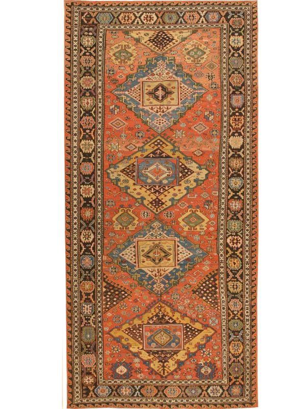 Antique Sumak Rug / Carpet 41775: 5.08 x 12.08 Late nineteenth century Antique Sumak from the Caucasus - This elegant and exciting antique Caucasian Sumak has a medallion design adapted from classical Turkish rugs of the so-called 'Ho