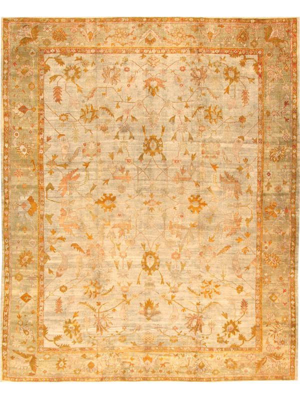 Antique Angora Oushak Turkish Rug / Carpet 1907: 12.04 x 14.11 Circa 1900 Antique Angora Oushak, Turkey - An elegantly drawn pattern of fine vines and palmettes unfolds with consummate grace and perfect symmetry on this supremely lush antique Angora