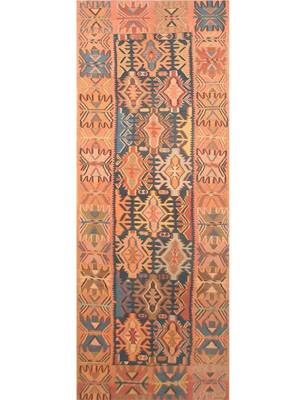Antique Kilim Persian Rug / Carpet 491: 5.02 x 16.02 Nineteenth century Antique Persian Kilim Rug - Antique Turkish or Anatolian kilims are prized for their highly graphic geometric designs and their rich color effects. This one has a spect