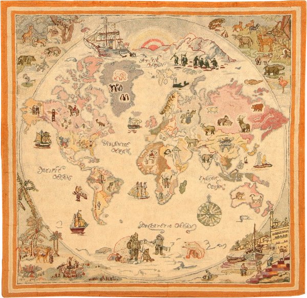 Antique Hooked American Rug 42368: 4.04 x 4.04 This charming American hooked rug is a 'Mappamundi,' an illustrated cartographic a map of the world with various peoples, animal species, and modes of shipping, all depicted pictorially an