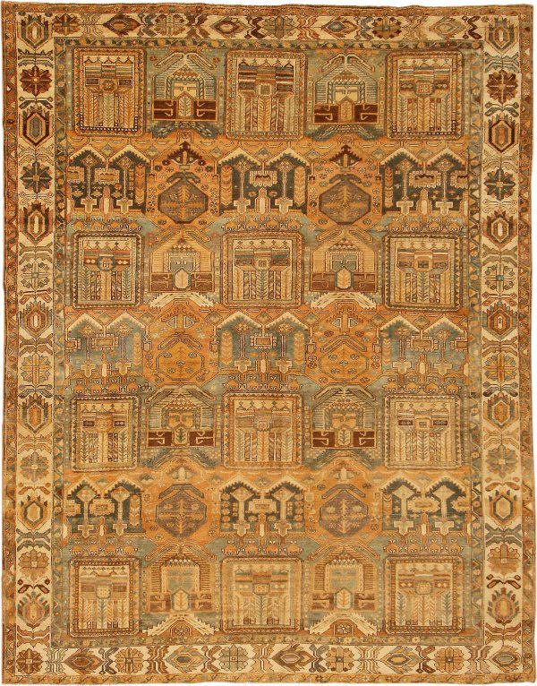 Antique Bakhtiari Persian Rug 43004: 9 x 11.06 circa 1900;Rectangular medallions and highly stylized palmettes repeat in staggered array across the field of this stridently abstract antique Bakhtiari from Persia. While much of the detail