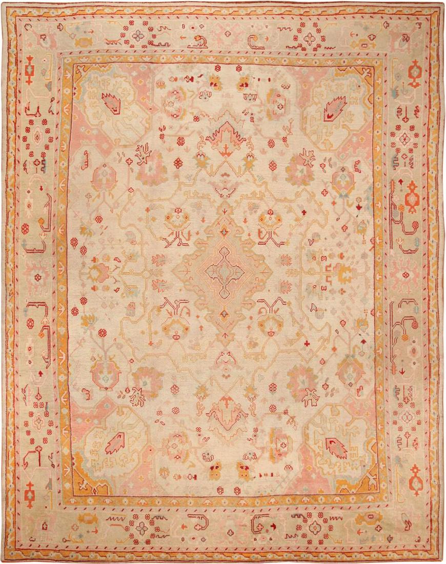 LARGE CREAM COLOR ANTIQUE MEDALLION TURKISH OUSHAK RUG. (1 of 9)