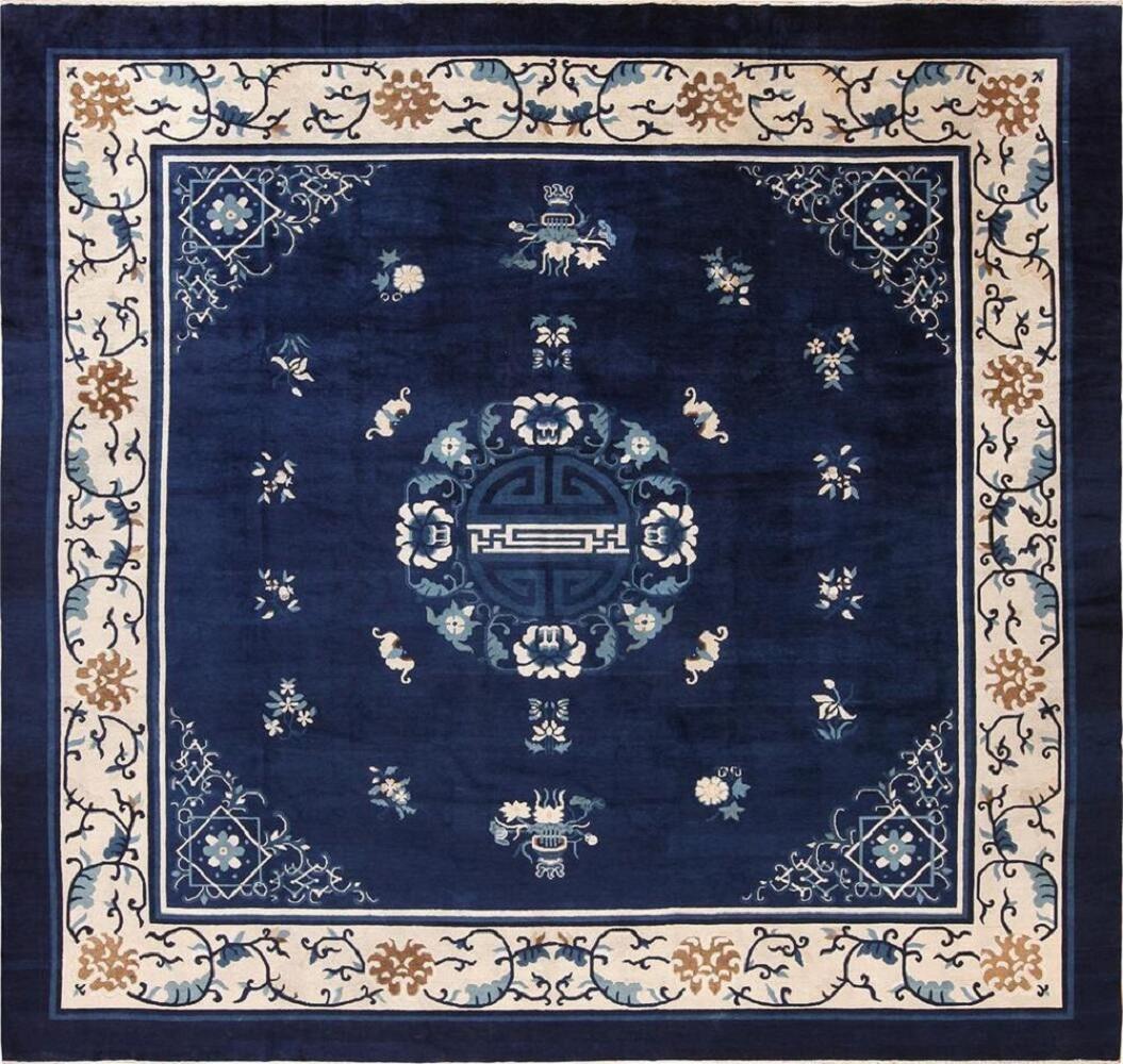ANTIQUE CHINESE BLUE SQUARE ROOM SIZE RUG. 12 ft x 11 (1 of 9)