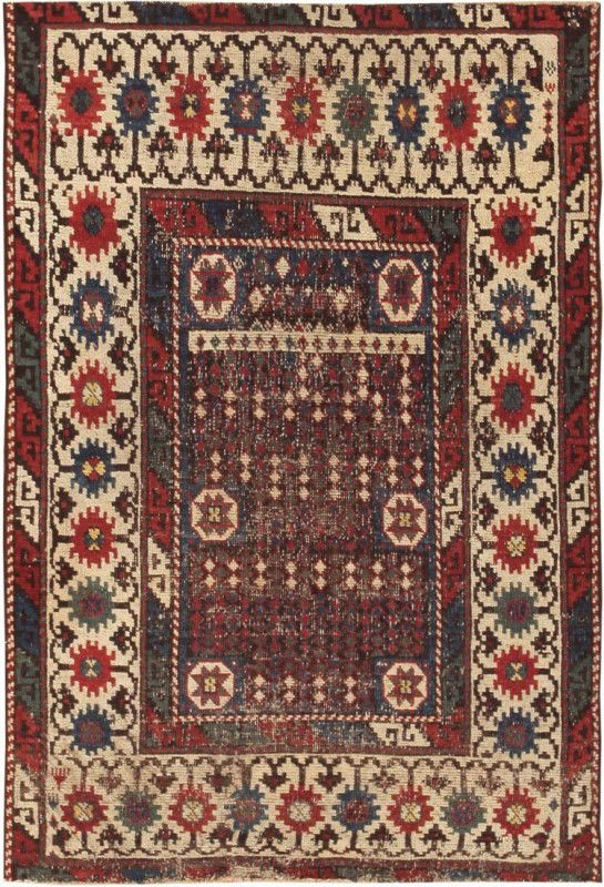 Avar Caucasian Rug 18th Century: 18th Century - 2 ft 07 in x 3 ft 10 (2.74m x 3.96m) - A series of juxtaposed stars define the boundaries of the finely-patterned field. Broad borders featuring reciprocating water motifs and geometric