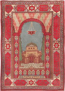 Antique Pictorial Temple Of Solomon Israeli Marbediah Rug 2 ft 9 in x 2 ft (0.84 m x 0.61 m): A Beautiful And Artistic Antique Judaica Pictorial Temple Of Solomon Israeli Marbediah Rug, Country of Origin / Rug Type: Antique Israeli Rugs, Circa Date: 1st Quarter of the 20th Century Click