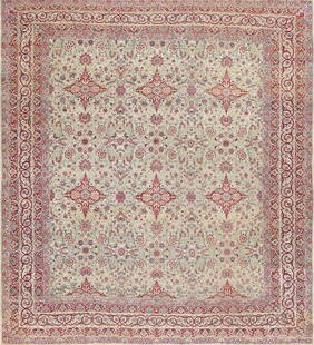 Antique Persian Kerman Lavar Rug 12 ft x 11 ft (3.66 m x 3.35 m): Finely Woven Square Size Antique Persian Kerman Lavar Rug, Country of Origin: Persia, Circa Date: Early 20th Century Click Here To View This Rug In Your Room Description To behold this rug is both