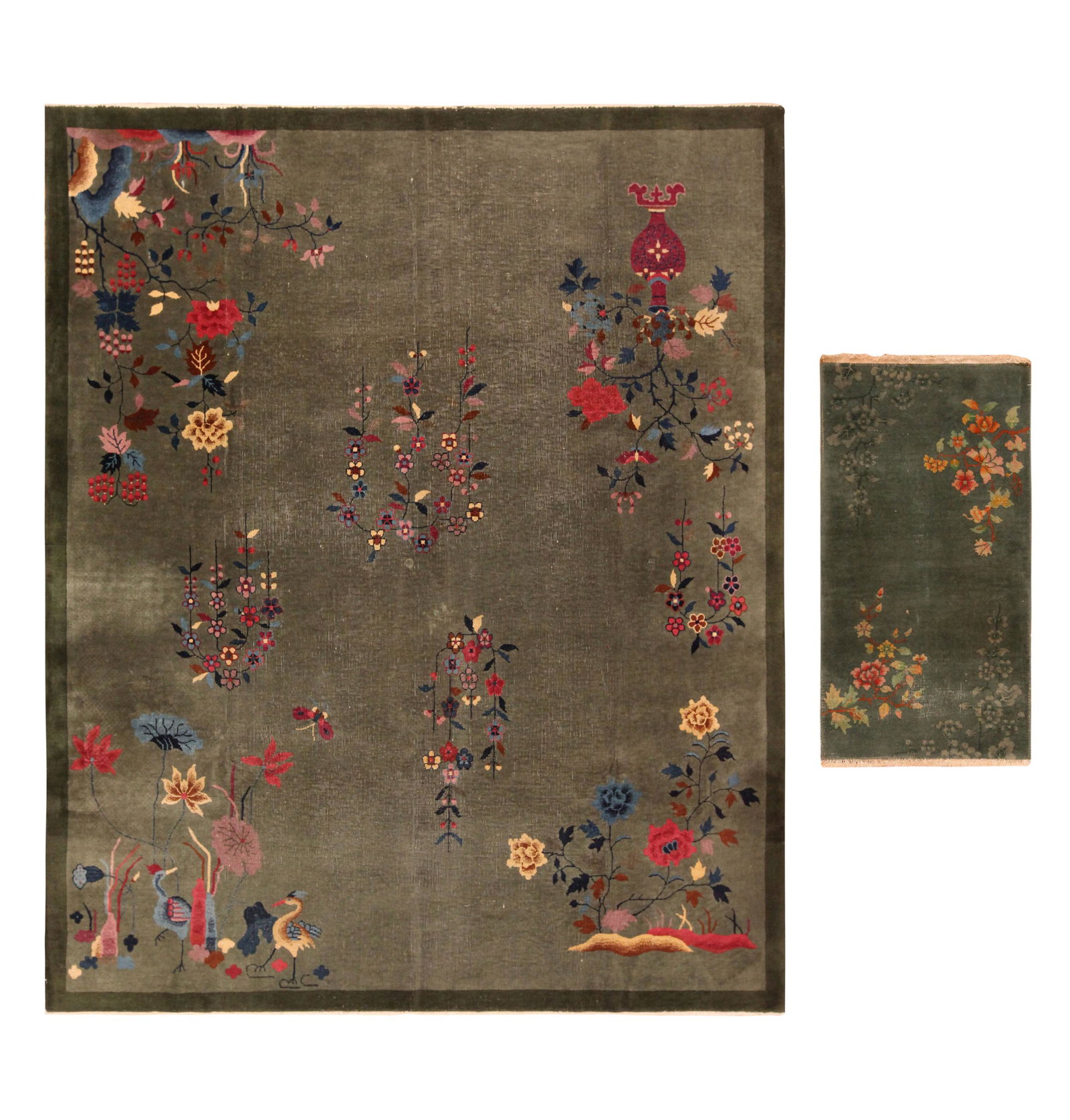 Pair Of Antique Chinese Art Deco Rugs 9 ft 7 in x 8 ft (2.92 m x 2.43 m) + 4 ft x 2 ft (1.21 m x 0.6 (1 of 14)