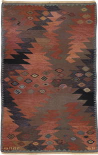 Vintage Barbro Nilsson design Marta Maas-Fjetterstrom tapestry carpet 4 ft7 in x 3 ft (1.39m x: Vintage Barbro Nilsson design Sweden, 1899-1983 Marta Maas-Fjetterstrom featured Tanga brown original Swedish flatwoven tapestry carpet, signed AB MMF BN, Country of Origin: Swedish. Date: 1955