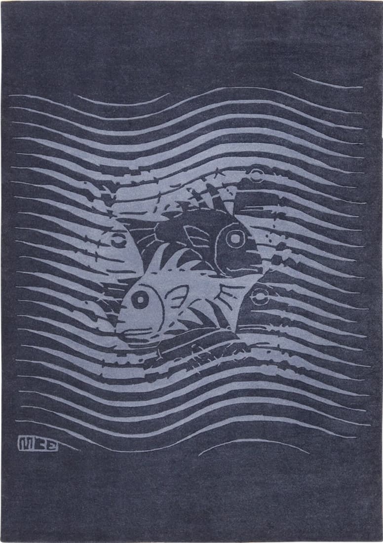 Vintage Scandinavian Maurits Escher Fish Rug 8 ft x 5 ft 7 in (2.44 m x 1.7 m) (1 of 10)