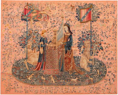 No Reserve Early 20th Century French Unicorn Design Tapestry 5 ft 9 in x 4 ft 8 in (1.75 m x 1.42 m): No Reserve Property of Long Island collector Early 20th Century French Unicorn Design Tapestry