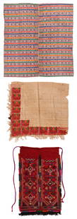 A Group of Three Peruvian Textiles: A Peruvian Poncho, Striped Textile and a Woven Bag: A Group of Three Peruvian Textiles: A Peruvian Poncho, Striped Textile and a Woven Bag A Large Ikat Textile 7 ft. 2 in. x 3 ft. 5 in. A Guatamalan Embroidery 2 ft. 8 in. x 2 ft. 10 in. A Bag 30 in. x