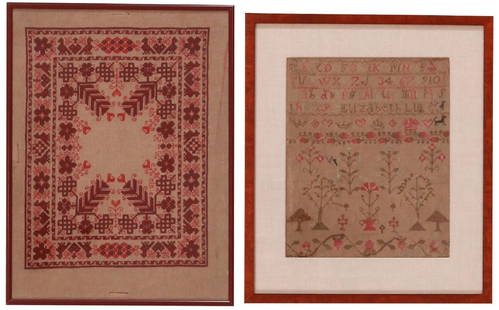 Two Framed Cross-Stitch Needleworks, One a Sampler: Two Framed Cross-Stitch Needleworks, One a Sampler 17 1/2 in. x 13 1/4 in. and 17 in. x 14 1/2 in. Minor losses to both. Cross-Stitch Needlwork 17 1/2 in. x 13 1/4 in. Cross-Stitch Sampler 17 in. x