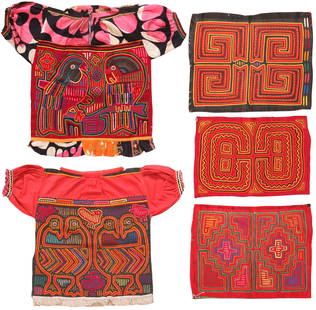 Two Panamanian Blouse with Three Molas: Two Panamanian Blouse with Three Molas Early 20th Century. Skirt Blouse with Embroidered Cuffs Blouse with Embroidered Cuffs Lace and Embroidered cap Scarf Skirt Lace and Embroidered cap