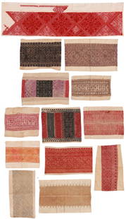 A Group of Thirteen Moroccan Fex Embroideries: A Group of Thirteen Moroccan Fex Embroideries Early 20th Century Red Indigo Purple Polychrome Aubergine Red Red and Blue Red Orange Red Gold Indigo Red 47 1/2 in. x 13 1/2 in., the largest 47 1/2 in.