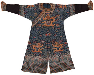 A Qing Dynasty Silk Embroidered Dragon Robe: A Qing Dynasty Silk Embroidered Dragon Robe 19th Century