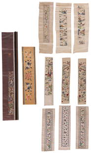 A Group of Ten Chinese Embroidered Silk Border Fragments: A Group of Ten Chinese Embroidered Silk Border Fragments Early 20th Century