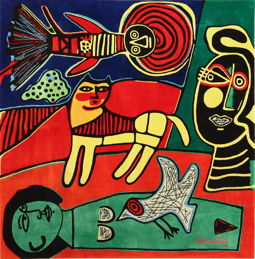 Vintage Scandinavian Surrealist Tapestry Rug by Corneille 6 ft 10 in x 6 ft 10 in (2.08 m x 2.08 m) (1 of 10)