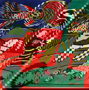 Vintage Scandinavian Surrealist Tapestry Rug by Corneille 6 ft 10 in x 6 ft 10 in (2.08 m x 2.08 m): Explore our curated auction, showcasing an exquisite collection of antique rugs, vintage rugs, and modern rugs Breathtaking Square Size Vintage Mid Century Scandinavian Surrealist Tapestry Rug by Cor