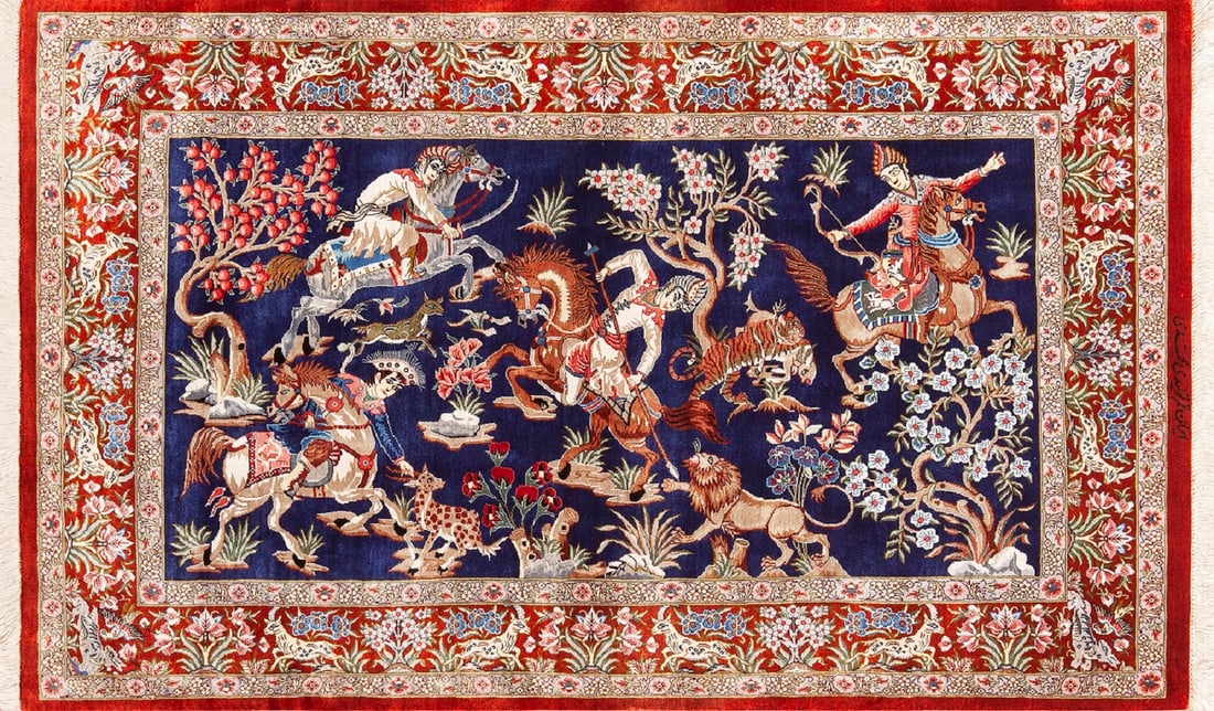 Silk Persian Hunting Scene Vintage Qum Rug 4 ft 2 in x 2 ft 7 in (1.27 m x 0.79 m) (1 of 8)