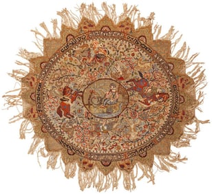 No Reserve - Antique Silk and Metalic Silver Kayseri Turkish Round Rug 4 ft 8 in x 4 ft 5 in (1.42 m