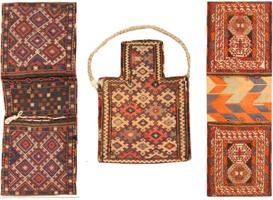 No Reserve - 2 Antique Sumak Salt Bags + Persian Kurdish Saddlebag