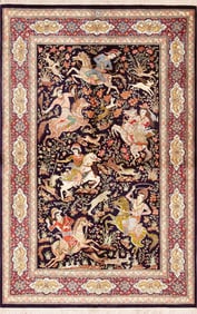 Vintage Hunting Scene Silk Persian Qum Rug 5 ft 1 in x 3 ft 4 in (1.55 m x 1.02 m)