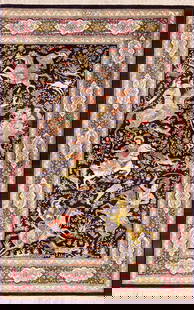 Vintage Hunting Scene Silk Persian Qum Rug 5 ft 1 in x 3 ft 4 in (1.55 m x 1.02 m): Property of a NYC Dealer Vintage Hunting Scene Silk Persian Qum Rug Size: 5 ft 1 in x 3 ft 4 in (1.55 m x 1.02 m) Collection of Antique Rugs, Vintage Rugs & Modern Carpets.