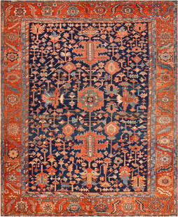 Antique Persian Heriz Rug - No Reserve 12 ft 3 in x 9 ft 10 in (3.73 m x 2.99 m): Curated collection of antique, vintage and modern rugs No Reserve - Antique Persian Heriz Rug Size: 12 ft 3 in x 9 ft 10 in (3.73 m x 2.99 m) Provenance: Consigned by a private collector