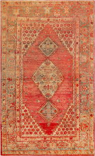 Antique Turkish Angora Oushak Rug - 6 ft 10 in x 4 ft 2 in (2.08 m x 1.27 m): Curated collection of antique, vintage and modern rugs Antique Turkish Angora Oushak Rug Size: 6 ft 10 in x 4 ft 2 in (2.08 m x 1.27 m) This Central Anatolian Oushak features three softly jagged medal