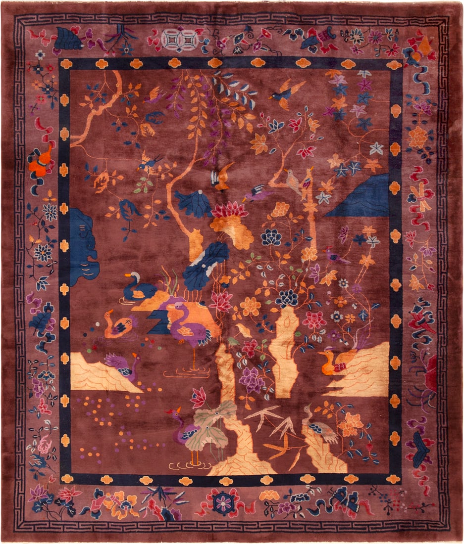 Antique Chinese Art Deco Rug - No Reserve 9 ft 1 in x 8 ft 3 in (2.76 m x 2.51 m): Curated collection of antique, vintage and modern rugs No Reserve - Antique Chinese Art Deco Rug Size: 9 ft 1 in x 8 ft 3 in (2.76 m x 2.51 m) Provenance: Property of a NYC Dealer In rich