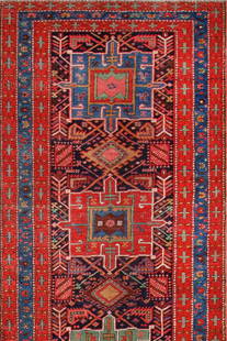 Antique Persian Heriz Serapi Runner Rug - 17 ft 10 in x 3 ft 4 in (5.44 m x 1.02 m): Curated collection of antique, vintage and modern rugs Antique Persian Heriz Serapi Runner Rug Size: 17 ft 10 in x 3 ft 4 in (5.44 m x 1.02 m) This antique Persian Heriz Serapi runner features bold ge