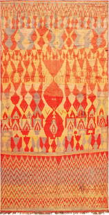 Tribal Vintage Moroccan Azilal Rug - 9 ft 8 in x 5 ft 3 in (2.95 m x 1.6 m): Curated collection of antique, vintage and modern rugs Tribal Vintage Moroccan Azilal Rug Size: 9 ft 8 in x 5 ft 3 in (2.95 m x 1.6 m) Radiating vibrant energy, this vintage Moroccan Azilal rug captur