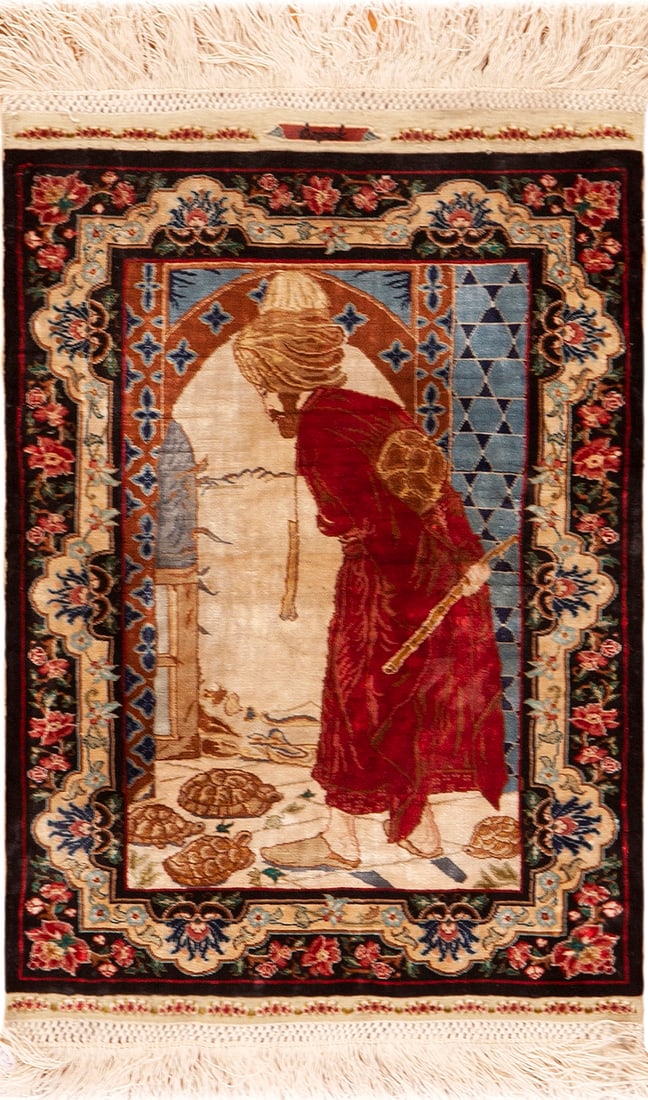 "Tortoise Trainer" by Osman Hamdi Bei – Silk Vintage Turkish Hereke Rug 1 ft 6 in x 1 ft 1 in: Curated collection of antique, vintage and modern rugs ?Tortoise Trainer? by Osman Hamdi Bei ? Silk Vintage Turkish Hereke Rug Size: 1 ft 6 in x 1 ft 1 in (0.46 m x 0.33 m) This evocative silk pictori