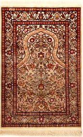 Silk & Metallic Gold Thread Vintage Turkish Hereke Rug - 3 ft x 2 ft (0.91 m x 0.6 m)